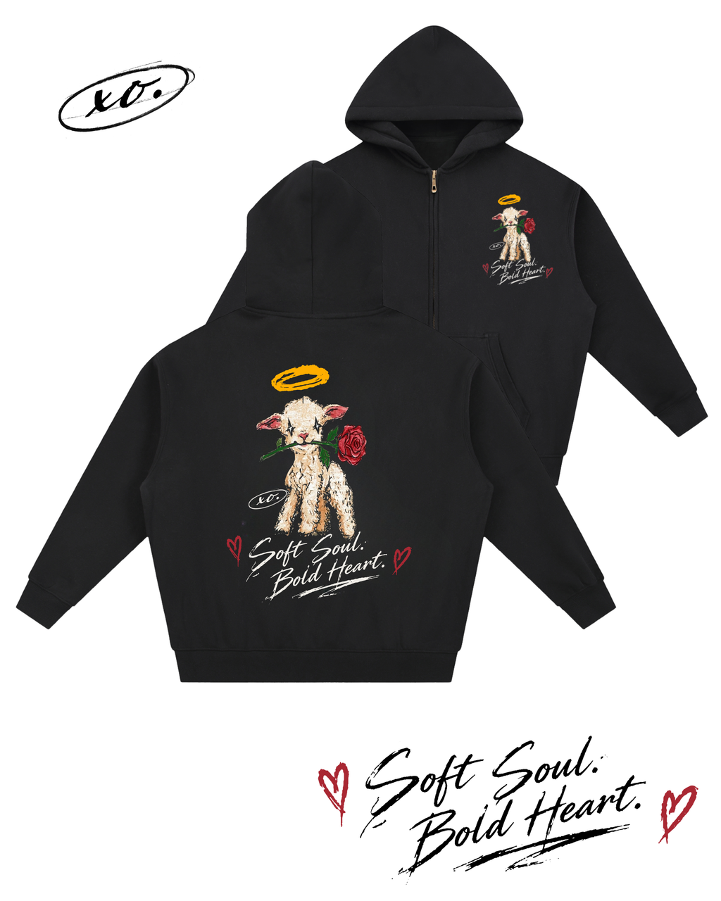 XO. Soft Soul. Bold Heart. — Premium Zip-Up Hoodie | Black