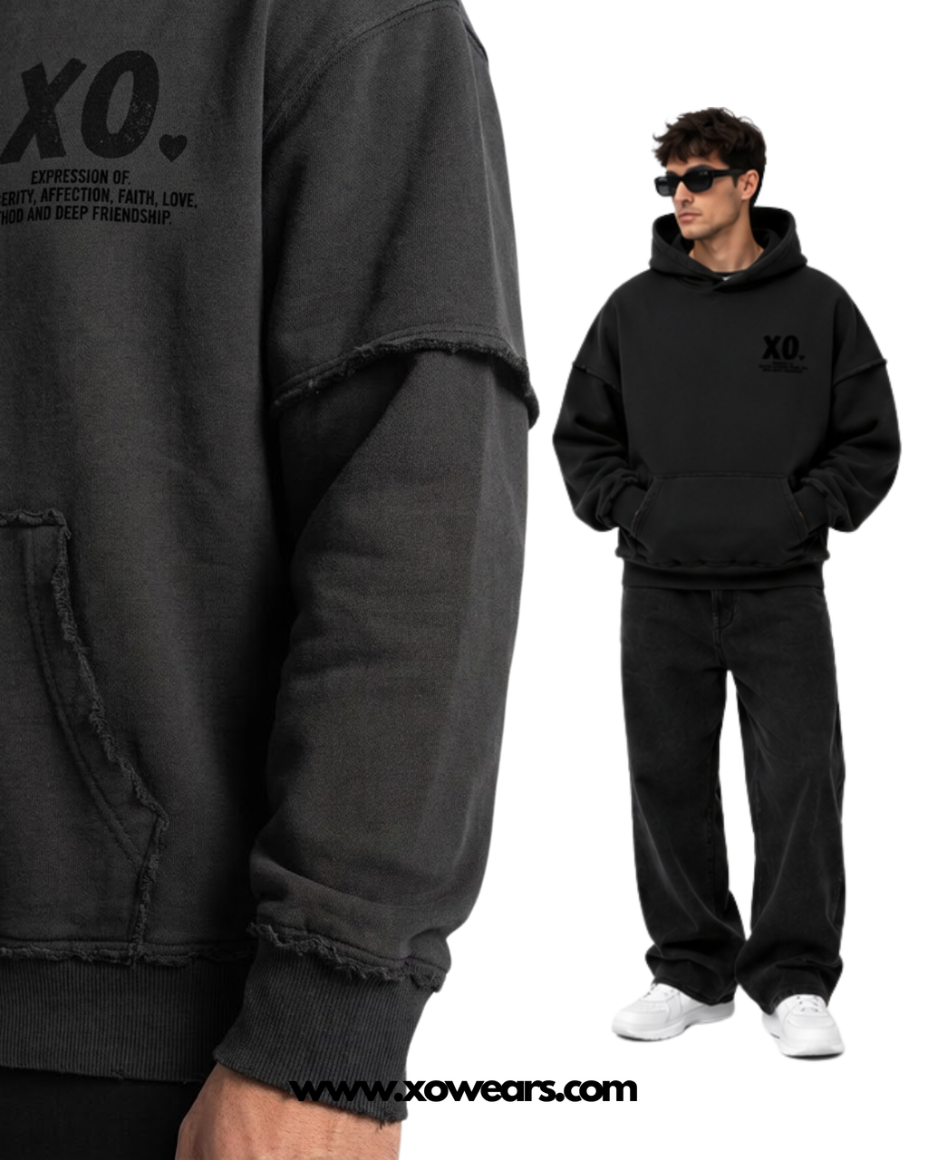 XO.Minimalistic Black Hoodie Raw Edge Double Layer