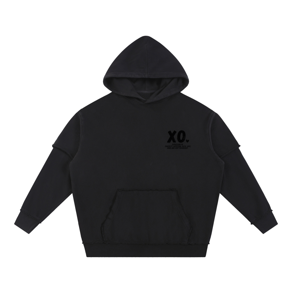 XO.Minimalistic Black Hoodie Raw Edge Double Layer