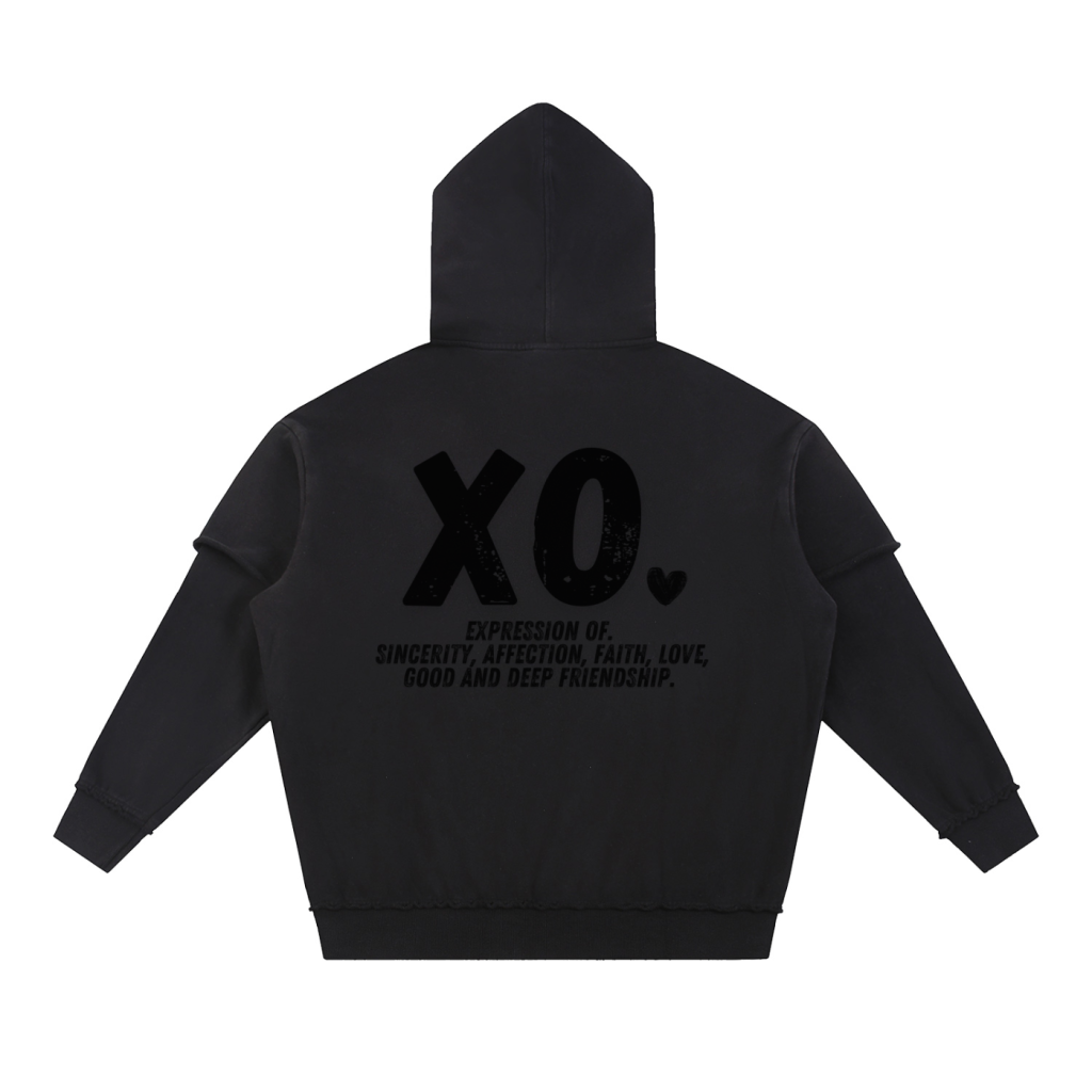 XO.Minimalistic Black Hoodie Raw Edge Double Layer