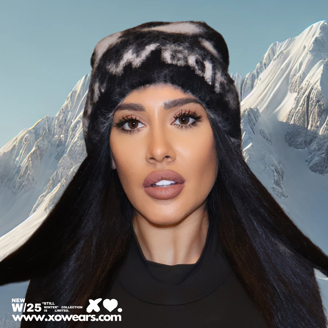 W/25 XO.White on Black Mohair Beanie