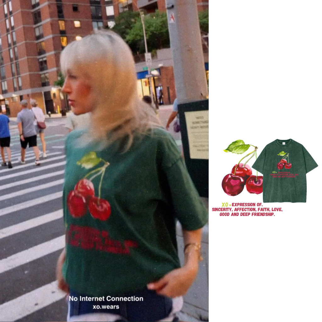 XO.Tshirt Oversize. Green/Lucky Three Cherries