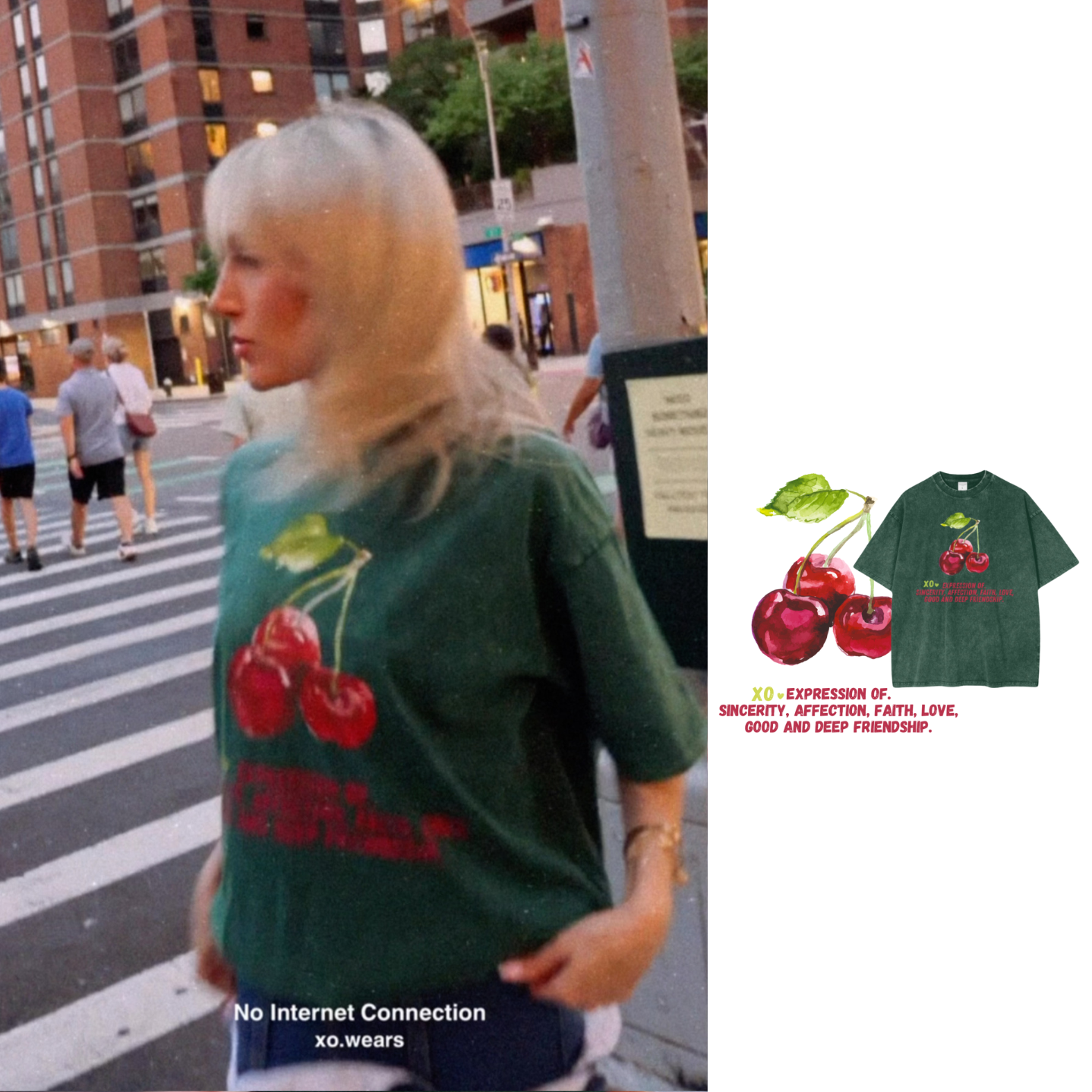 XO.Tshirt Oversize. Green/Lucky Three Cherries