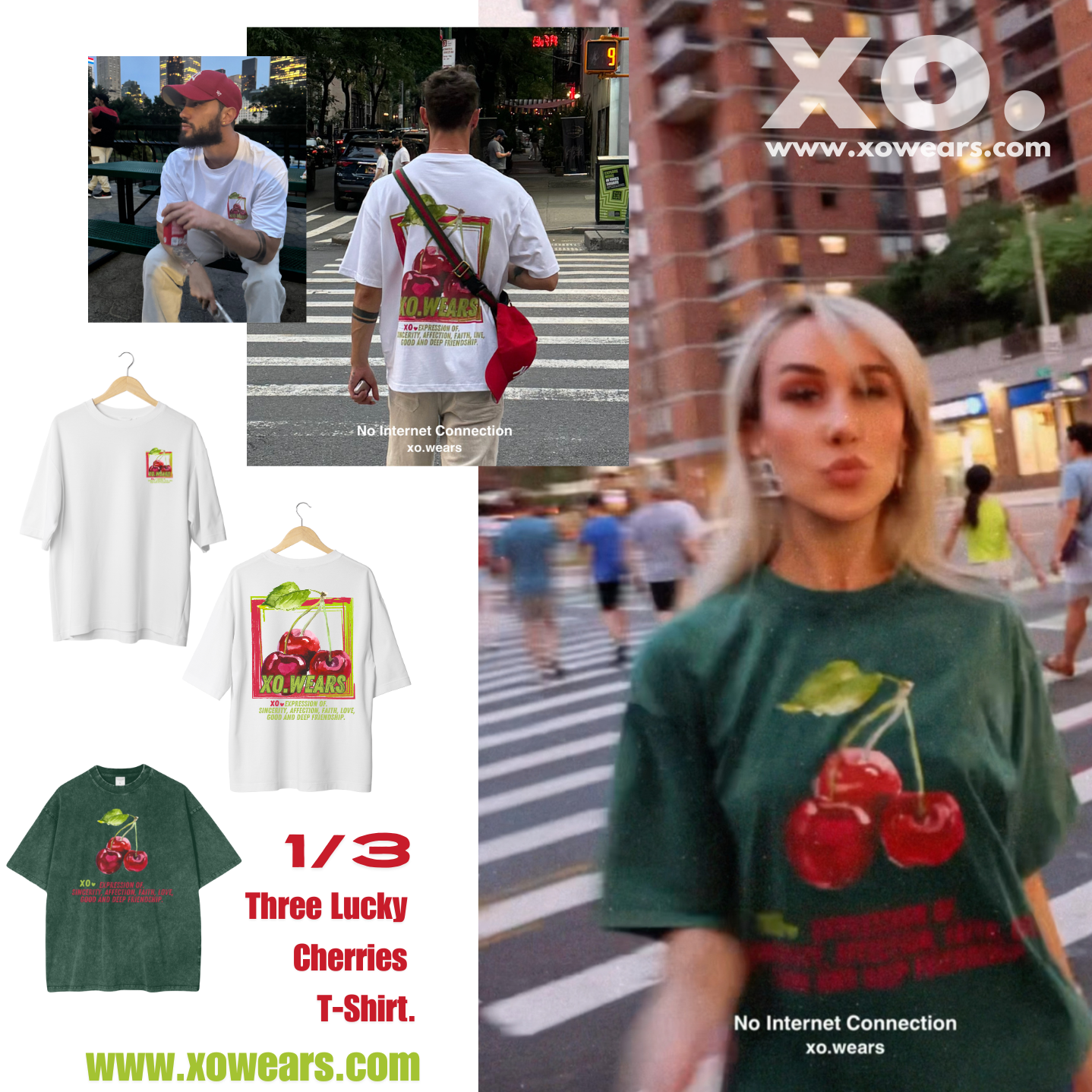 XO.Tshirt Oversize. Green/Lucky Three Cherries
